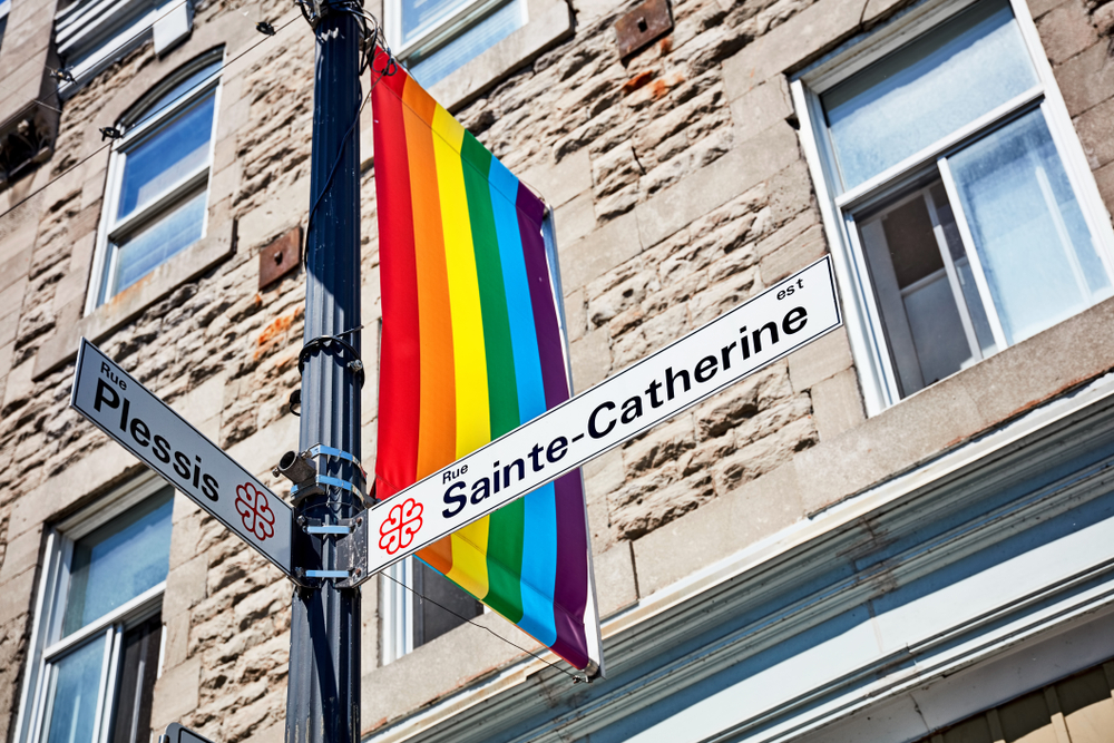 Cartelli stradali di Rue Sainte-Catherine e Rue Plessis con una bandiera arcobaleno nel Village a Montréal