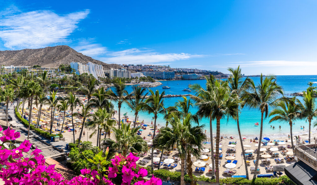La spiaggia di Anfi del Mar a Gran Canaria con palme, ombrelloni e acqua turchese