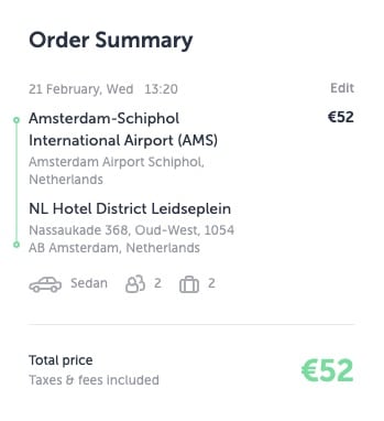 Prezzo di un taxi prenotato da Schiphol ad Amsterdam Leidseplein