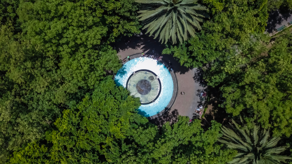 Veduta aerea della chiesa e del parco a Coyoacán, Città del Messico