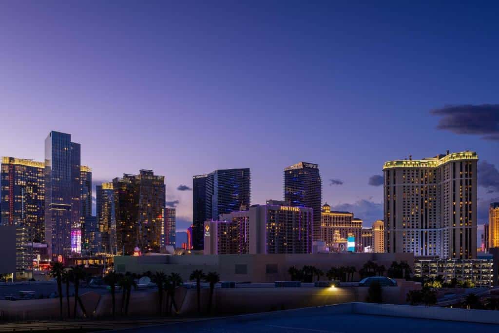 Vista sugli hotel di Las Vegas al tramonto con una palma in primo piano